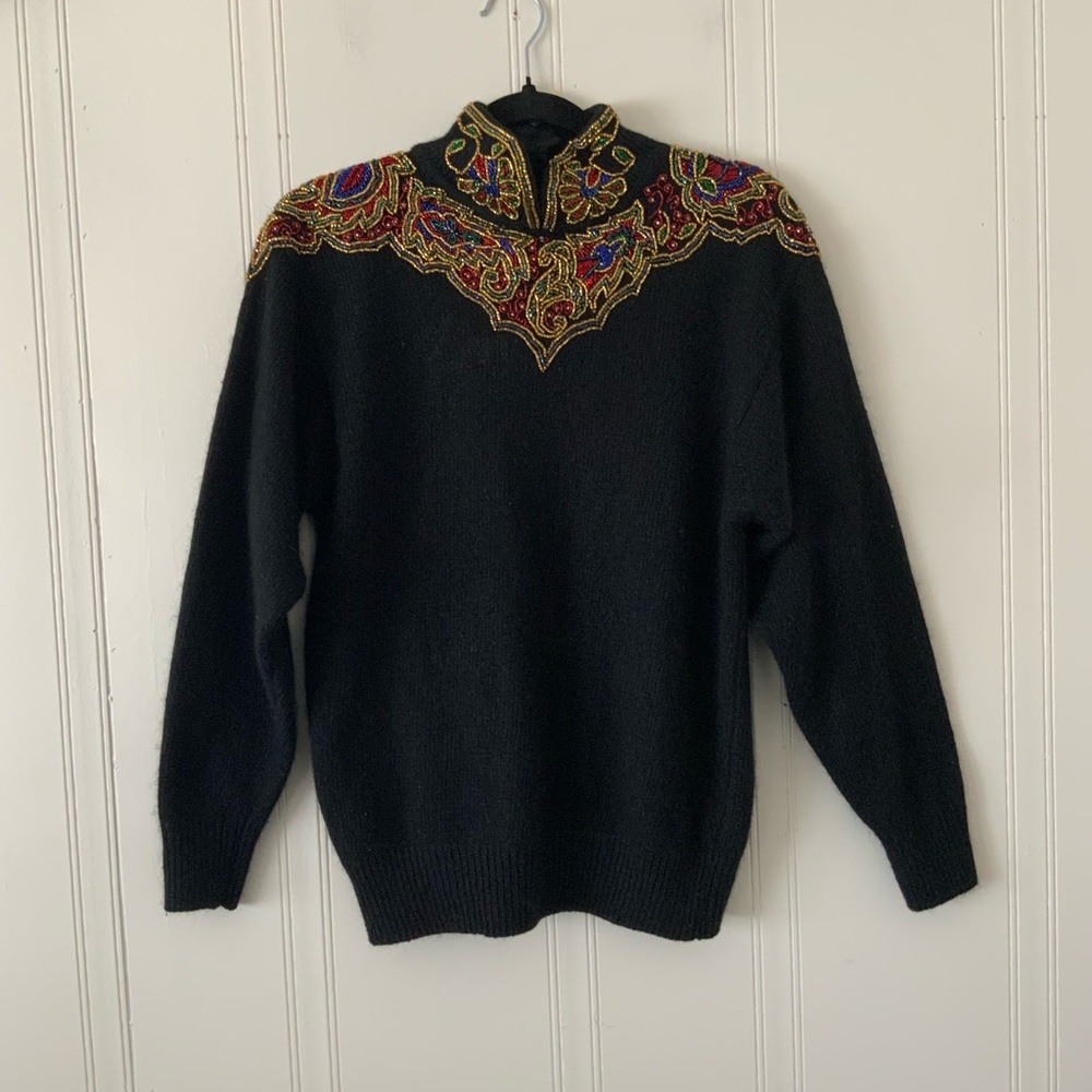 Elegant Black Turtleneck Sweater with Vibrant Embroidery Vintage